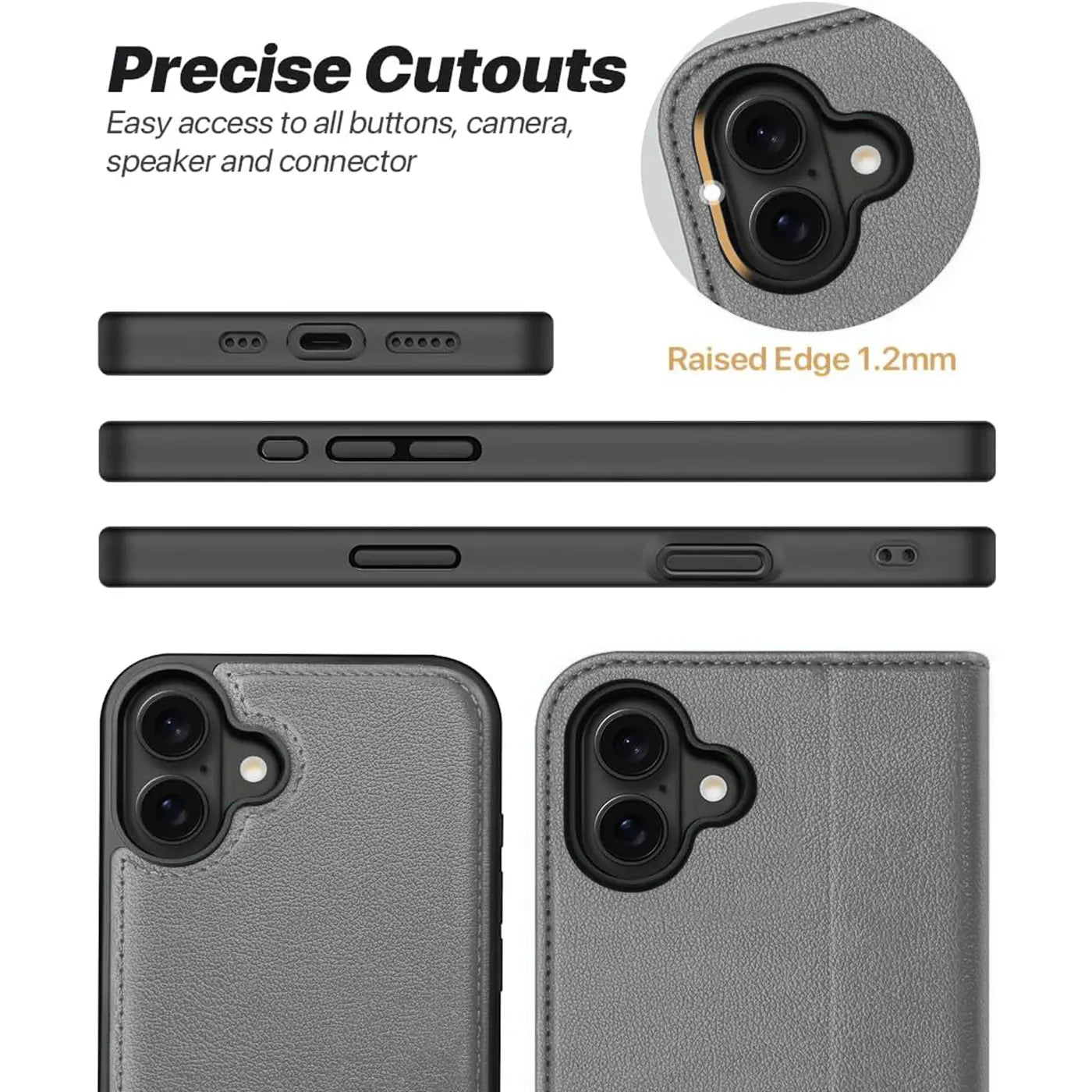 Graue Leder-Klapphülle, verschiedene Ansichten, Ausschnitte, erhöhter Rand, iPhone 16