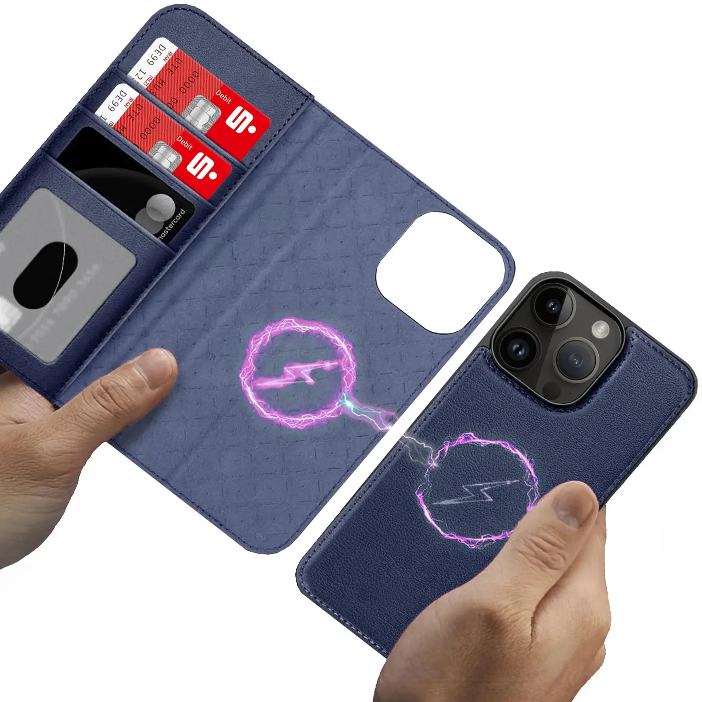 Blaue Leder-Klapphülle mit Kartenfach und iPhone 16 Pro, MagSafe-Symbol