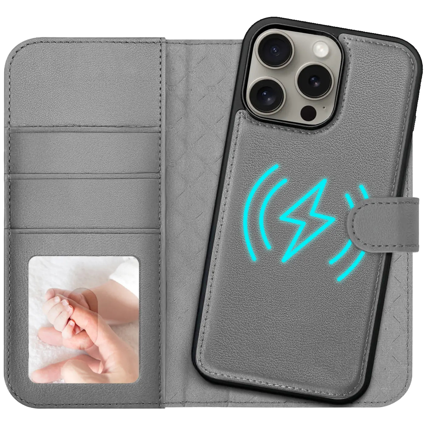 Graue Kunstleder-Klapphülle mit Kartenfach und Ladeanzeige für iPhone 16 Pro.