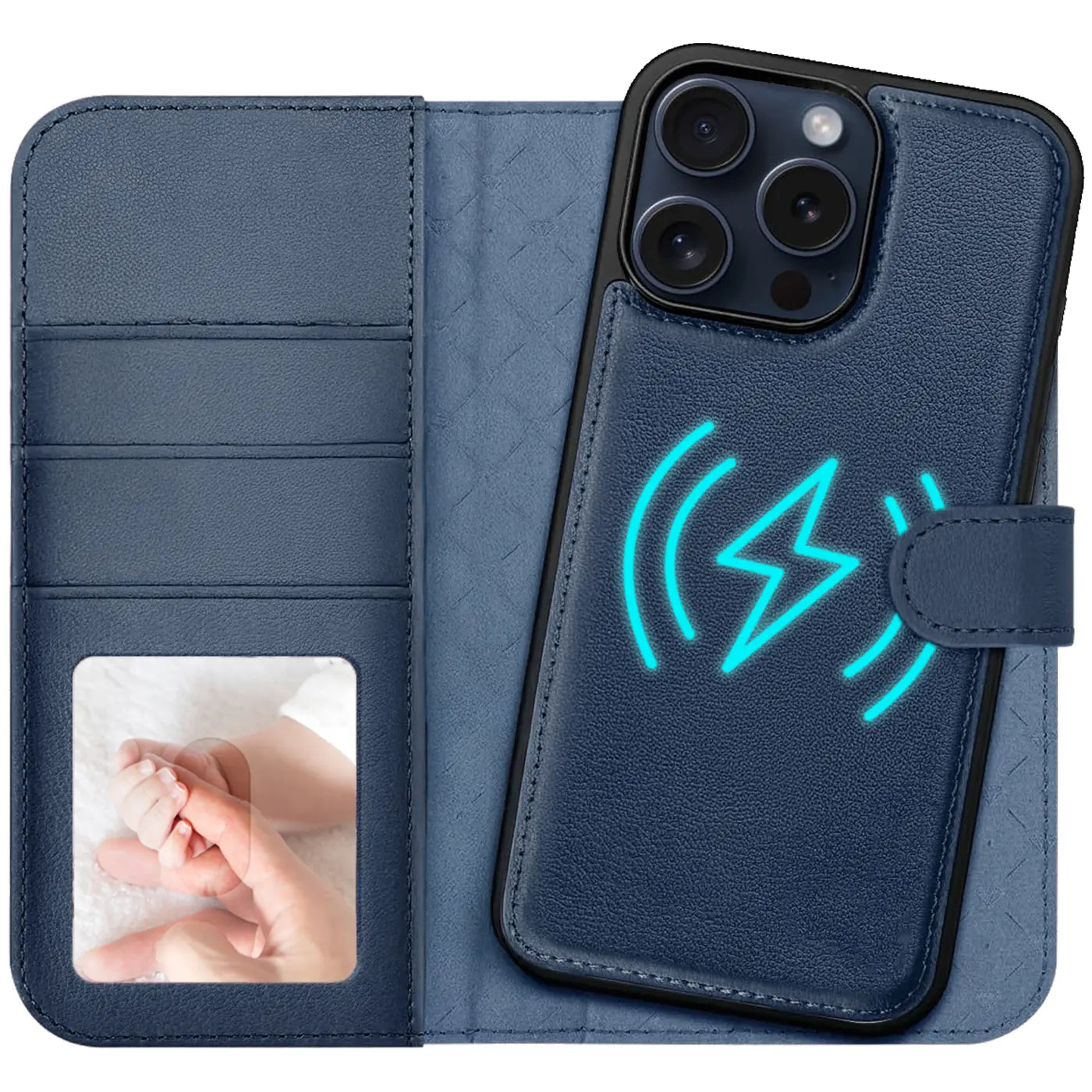 Blaue Leder-Klapphülle mit Kartenfach und MagSafe-Symbol auf iPhone 16 Pro Max.