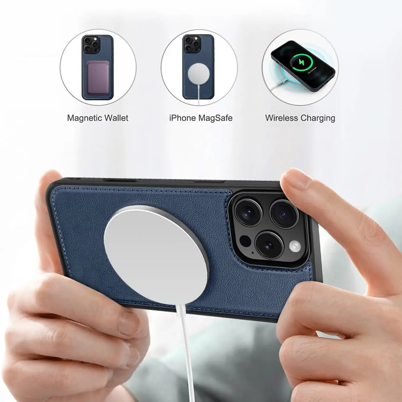 Blaue Lederhülle mit MagSafe-Ladegerät an iPhone 16 Pro Max, von hinten gesehen.