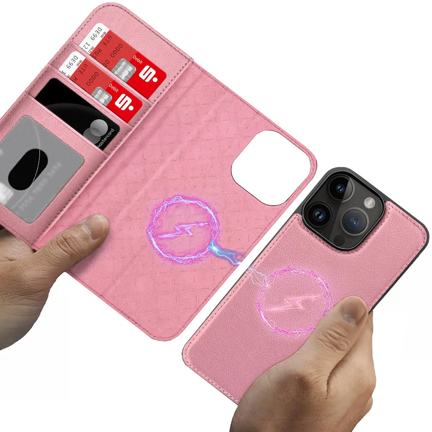Rosa Leder-Klapphülle mit Kartenfach, MagSafe-Symbol, iPhone 16 Pro Max.
