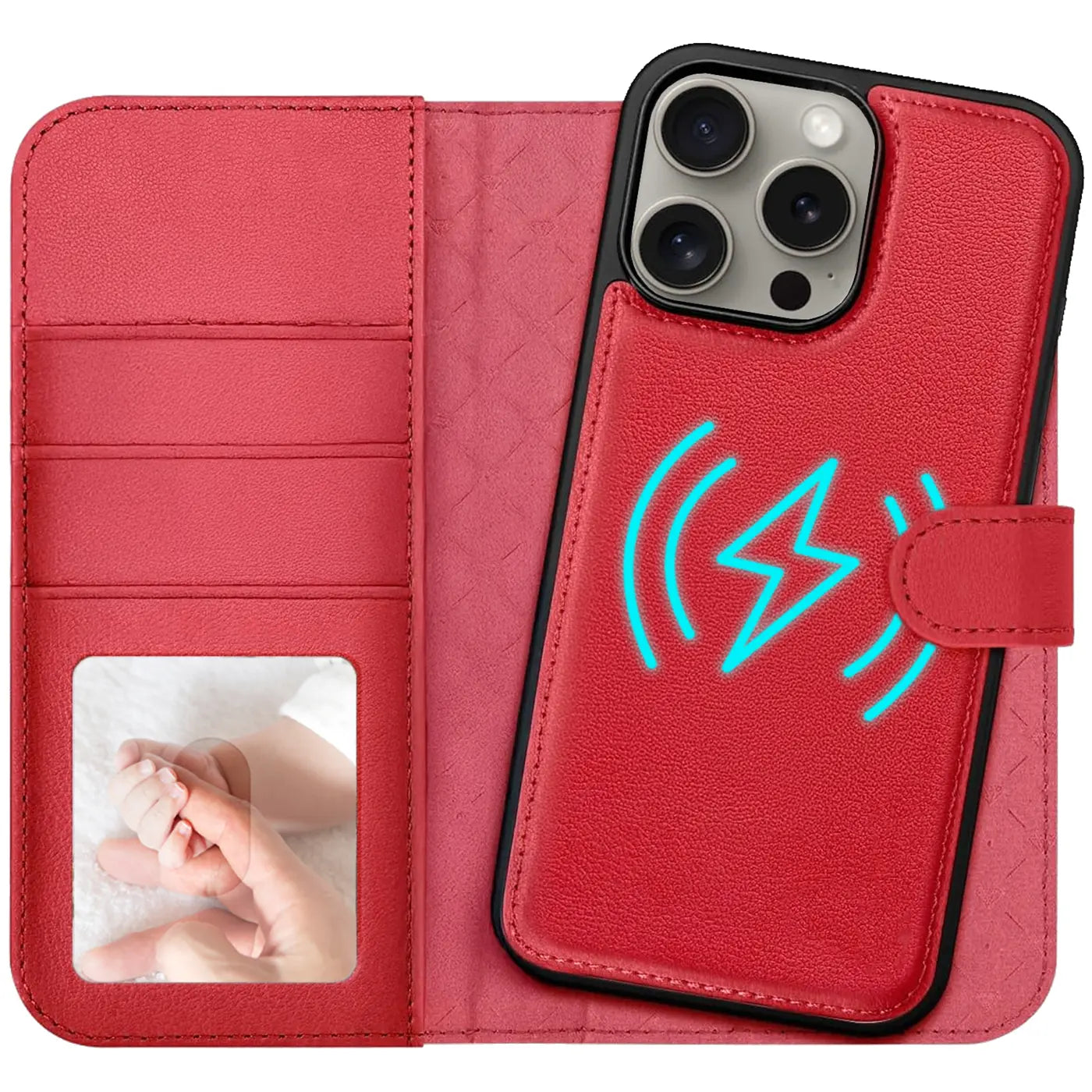 Rote Leder-Klapphülle mit Kartenfach und MagSafe-Symbol, zeigt iPhone 16 Pro Max.