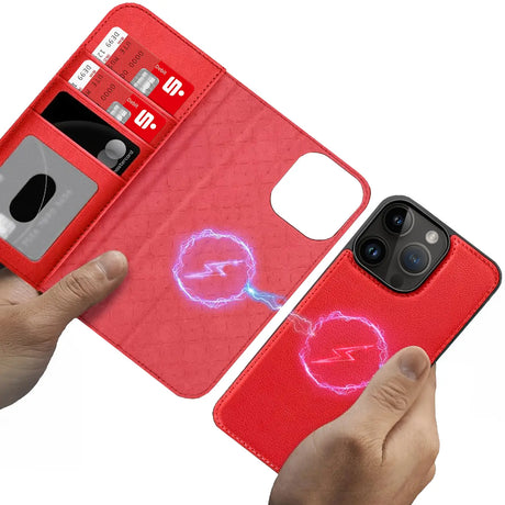 Magnetische 2-in-1 Klapphülle für iPhone 16 Pro Max in Rot mit herausnehmbarer Hülle und Kartenfächern