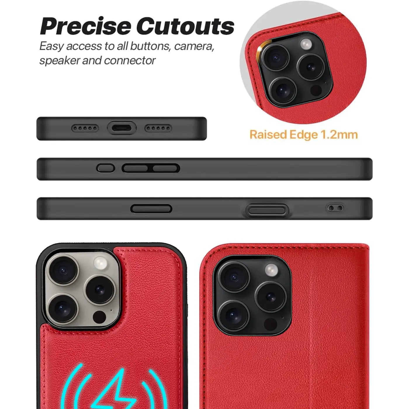 Rote Leder-Klapphülle mit Kartenfach für iPhone 16 Pro Max, Nahaufnahme der Rückseite.