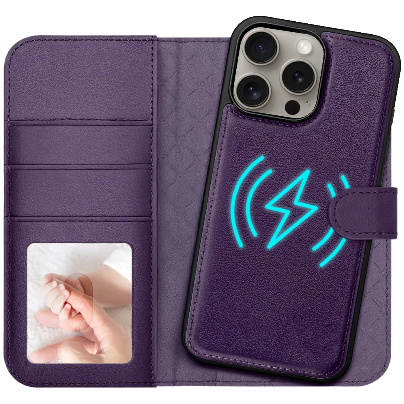Lila Leder-Klapphülle mit Kartenfach, MagSafe-Symbol, iPhone 16 Pro Max.