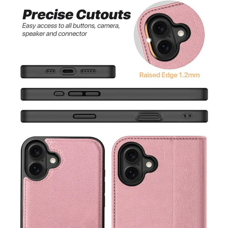 Magnetische 2-in-1 Klapphülle für iPhone 16 in Rosegold mit herausnehmbarer Hülle und Kartenfächern