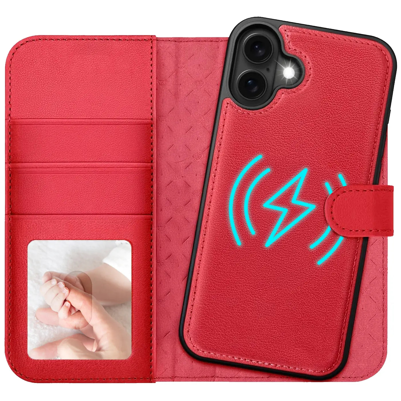 Rote Leder-Klapphülle mit Kartenfächern, MagSafe-Symbol, für iPhone 16