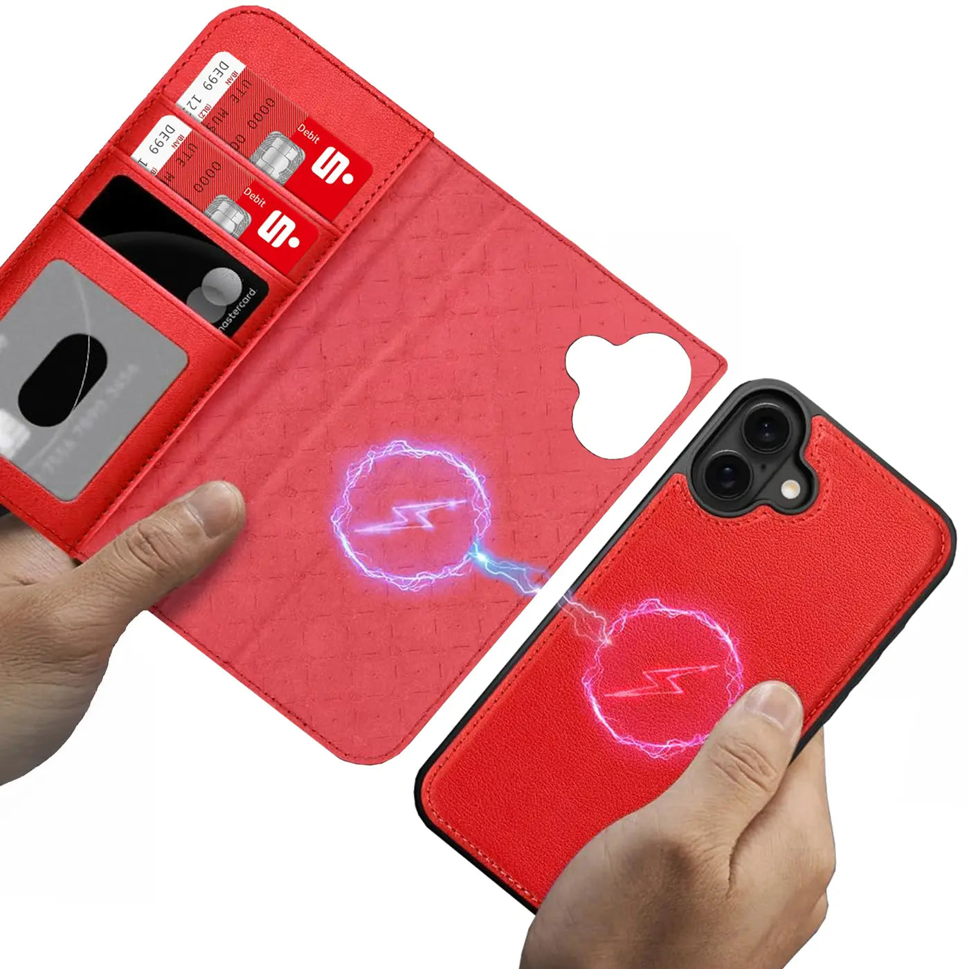 Rote Leder-Klapphülle mit Kartenfach und MagSafe-Symbolen, zeigt iPhone 16.