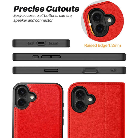 Magnetische 2-in-1 Klapphülle für iPhone 16 in Rot mit herausnehmbarer Hülle und Kartenfächern