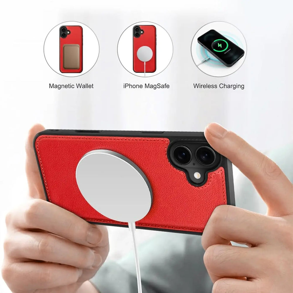 Magnetische 2-in-1 Klapphülle für iPhone 16 in Rot mit herausnehmbarer Hülle und Kartenfächern