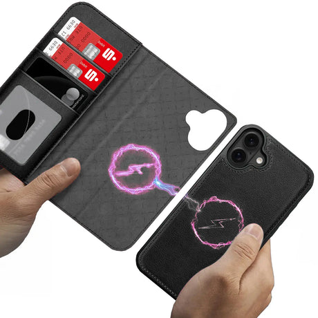 Magnetische 2-in-1 Klapphülle für iPhone 16 in Schwarz mit herausnehmbarer Hülle und Kartenfächern