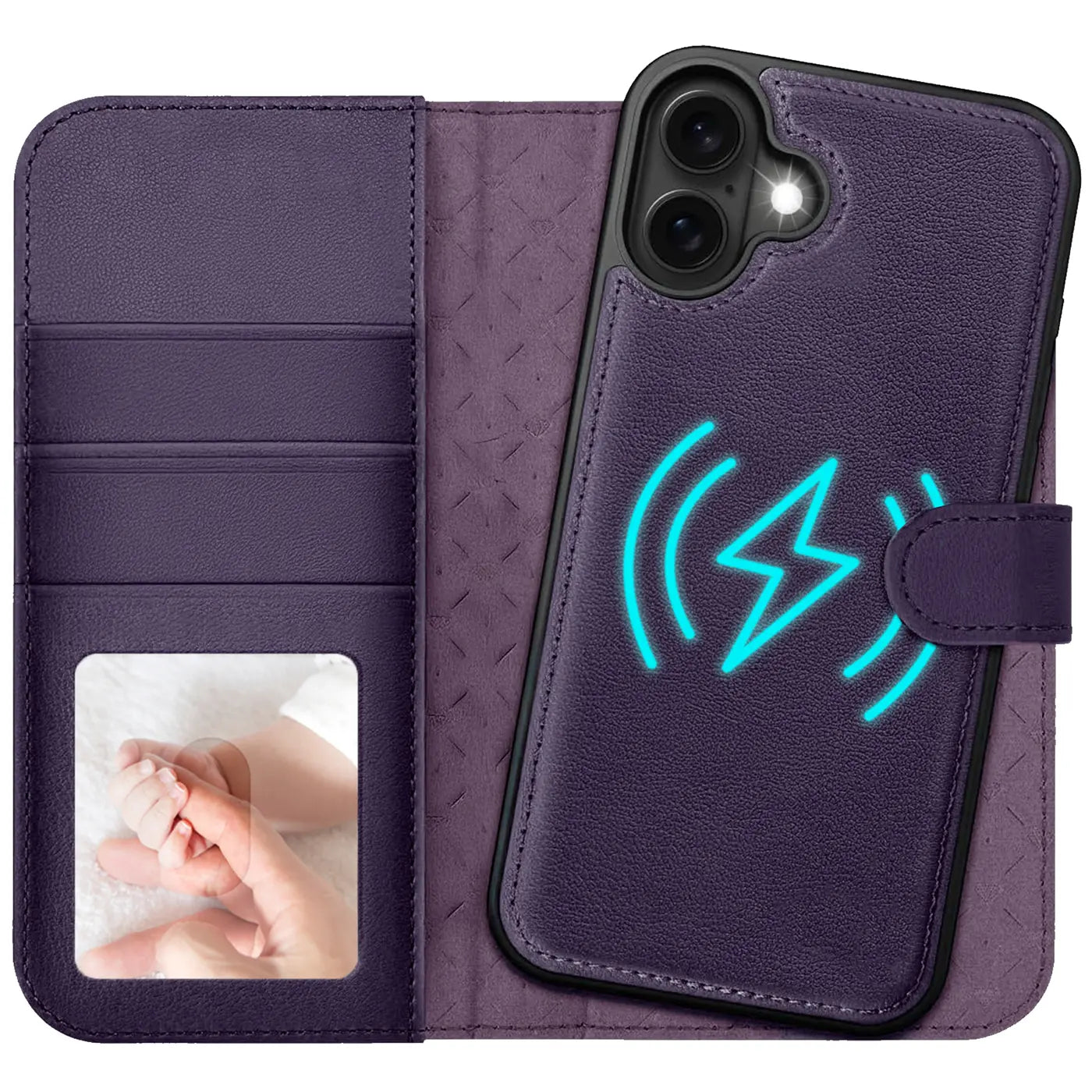 Lila Leder-Klapphülle mit Kartenfach und Ladesymbol, zeigt iPhone-Rückseite.