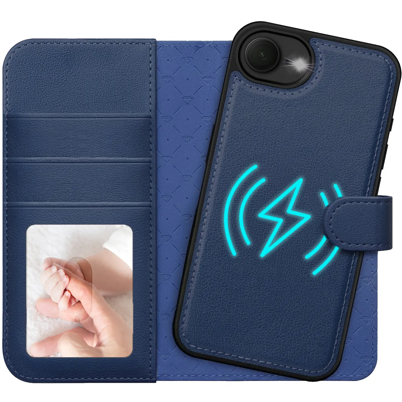 Blaue Leder-Klapphülle mit Kartenfach und MagSafe-Symbol auf iPhone 16e.
