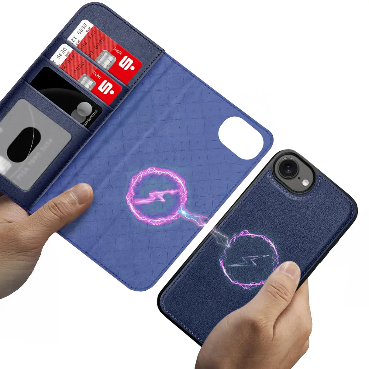 Magnetische 2-in-1 Klapphülle für iPhone 16e in Blau mit herausnehmbarer Hülle und Kartenfächern