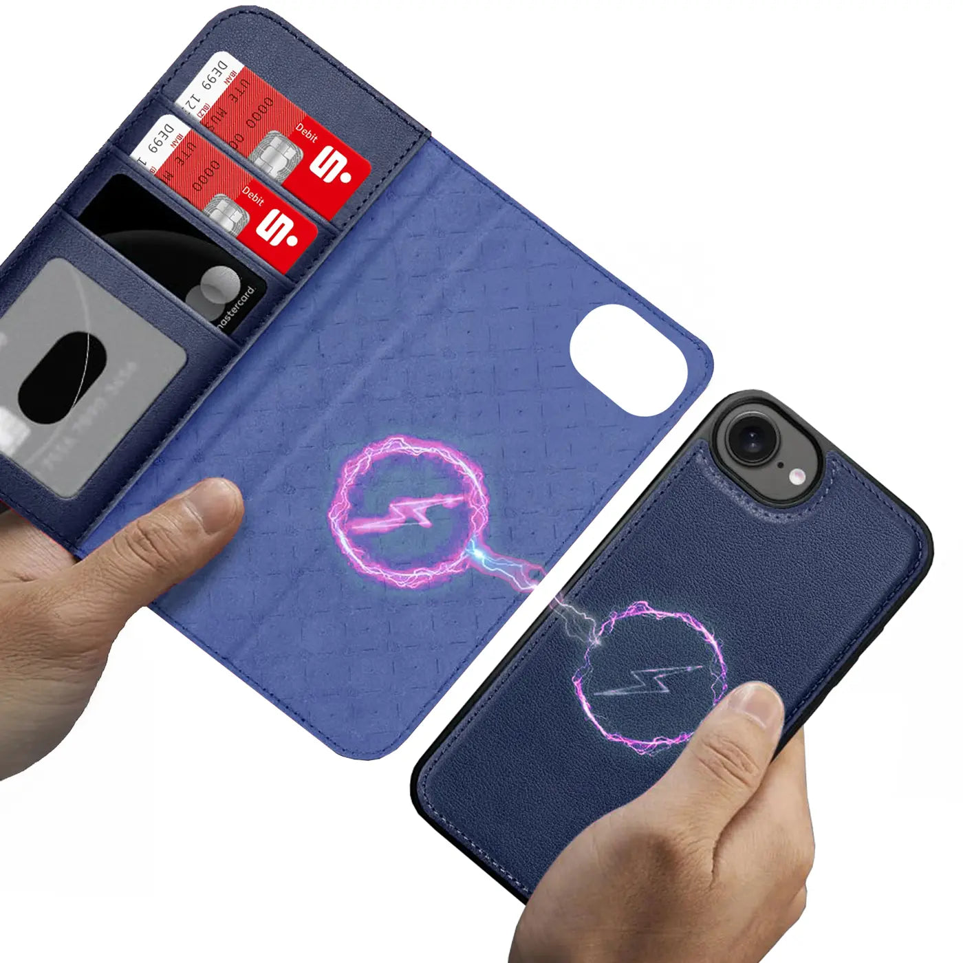 Blaue Kunstleder-Klapphülle mit Kartenfächern, zeigt MagSafe-Symbol auf einem iPhone 16e.