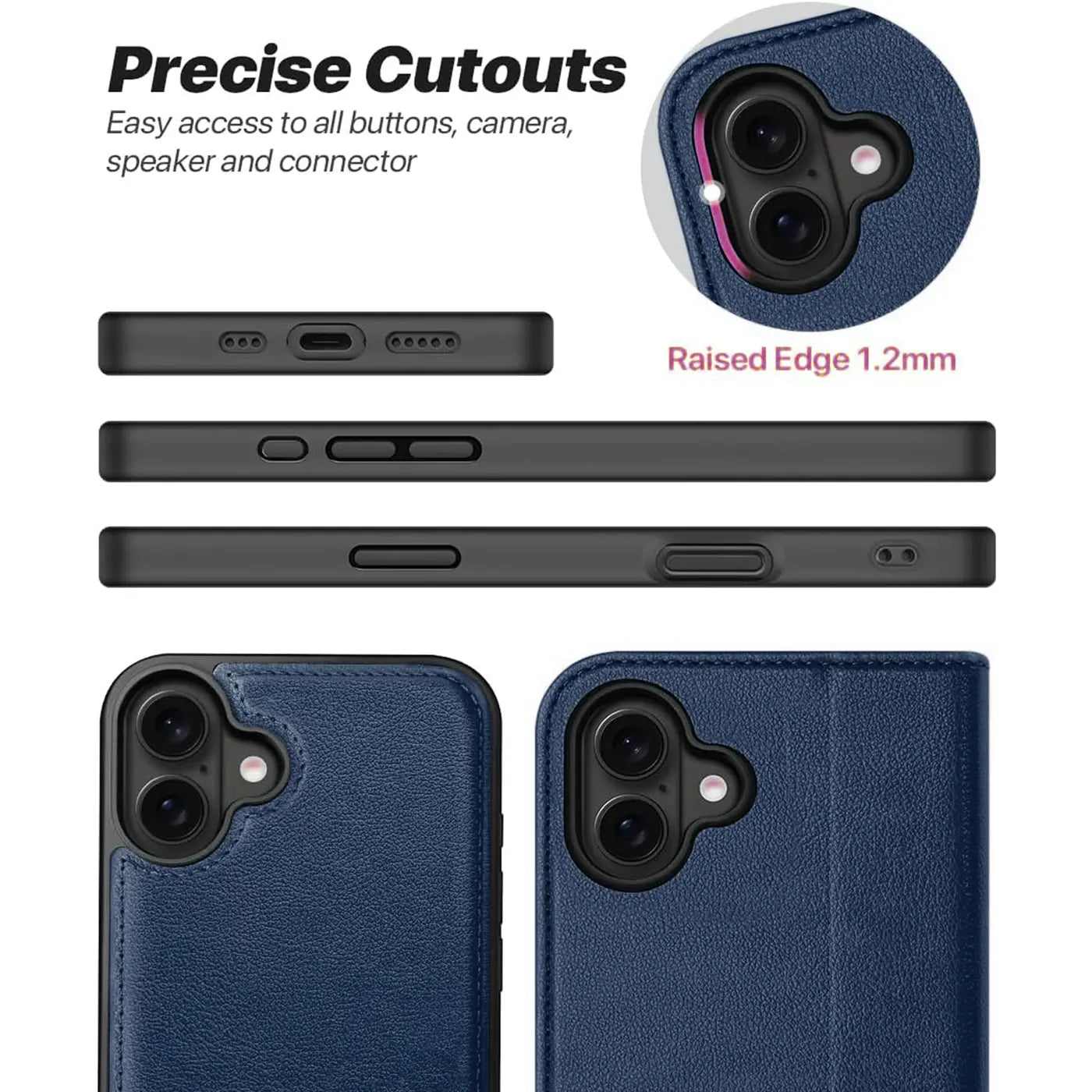 Blaue Leder-Klapphülle, Seitenansichten, Nahaufnahme Kamera-Ausschnitt, iPhone 16e.