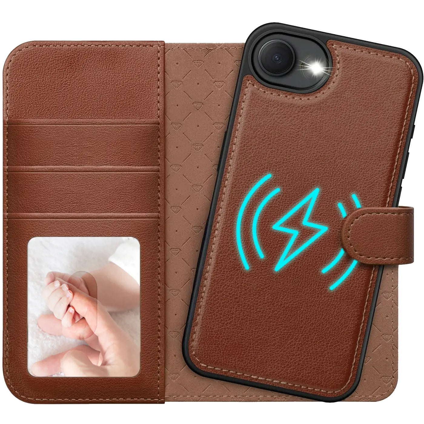 Braune Leder-Klapphülle mit Kartenfächern und Handy, MagSafe-Symbol.