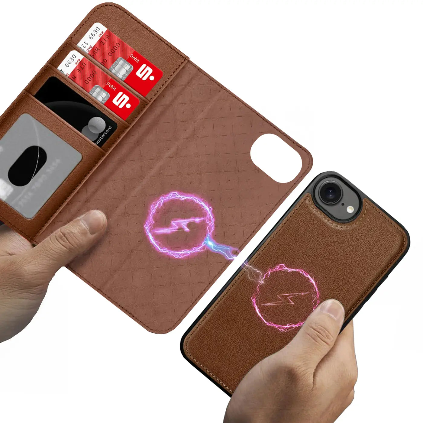 Braune Leder-Klapphülle mit Kartenfach und MagSafe-Symbol, hält iPhone 16e.