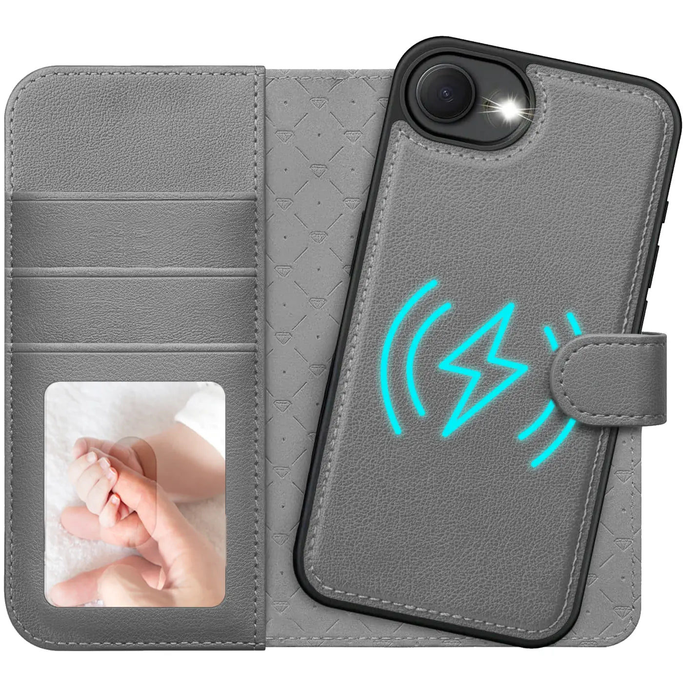 Graue Kunstleder-Klapphülle mit Kartenfach, zeigt ein iPhone 16e, MagSafe-Symbol.