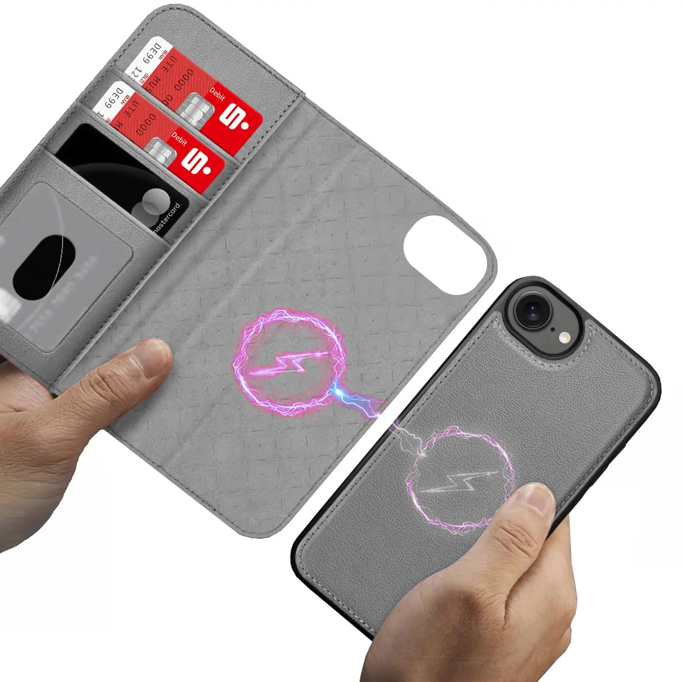 Graue Leder-Klapphülle mit Kartenfach und MagSafe-Symbol, hält ein graues iPhone.