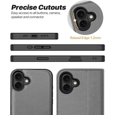 Magnetische 2-in-1 Klapphülle für iPhone 16e in Grau mit herausnehmbarer Hülle und Kartenfächern