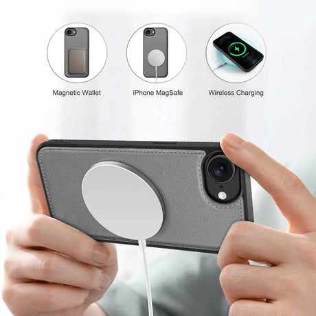 Magnetische 2-in-1 Klapphülle für iPhone 16e in Grau mit herausnehmbarer Hülle und Kartenfächern