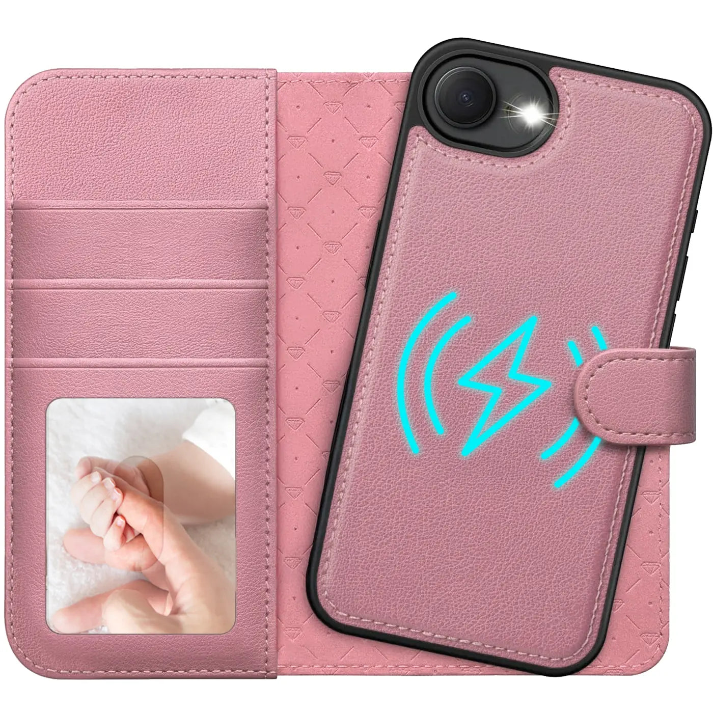 Rosa Kunstleder-Klapphülle mit Kartenfach und MagSafe-Symbol, iPhone 16e.
