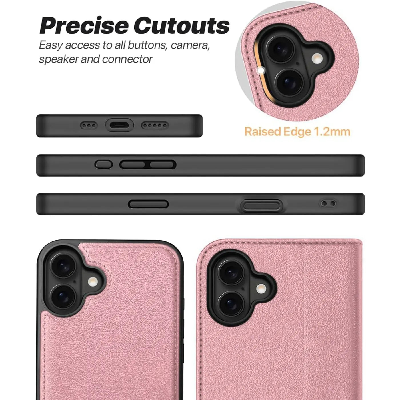 Rosa Leder-Klapphülle, Nahaufnahme, iPhone 16e mit zwei Kameras.