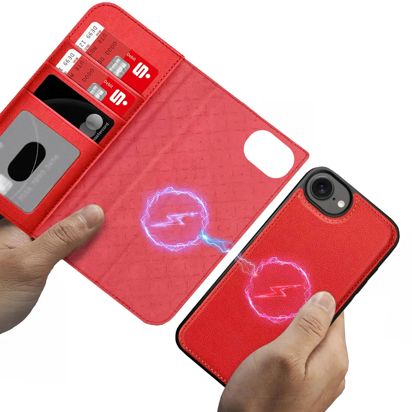 Rote Leder-Klapphülle mit Kartenfach, MagSafe, iPhone 16e, Nahaufnahme