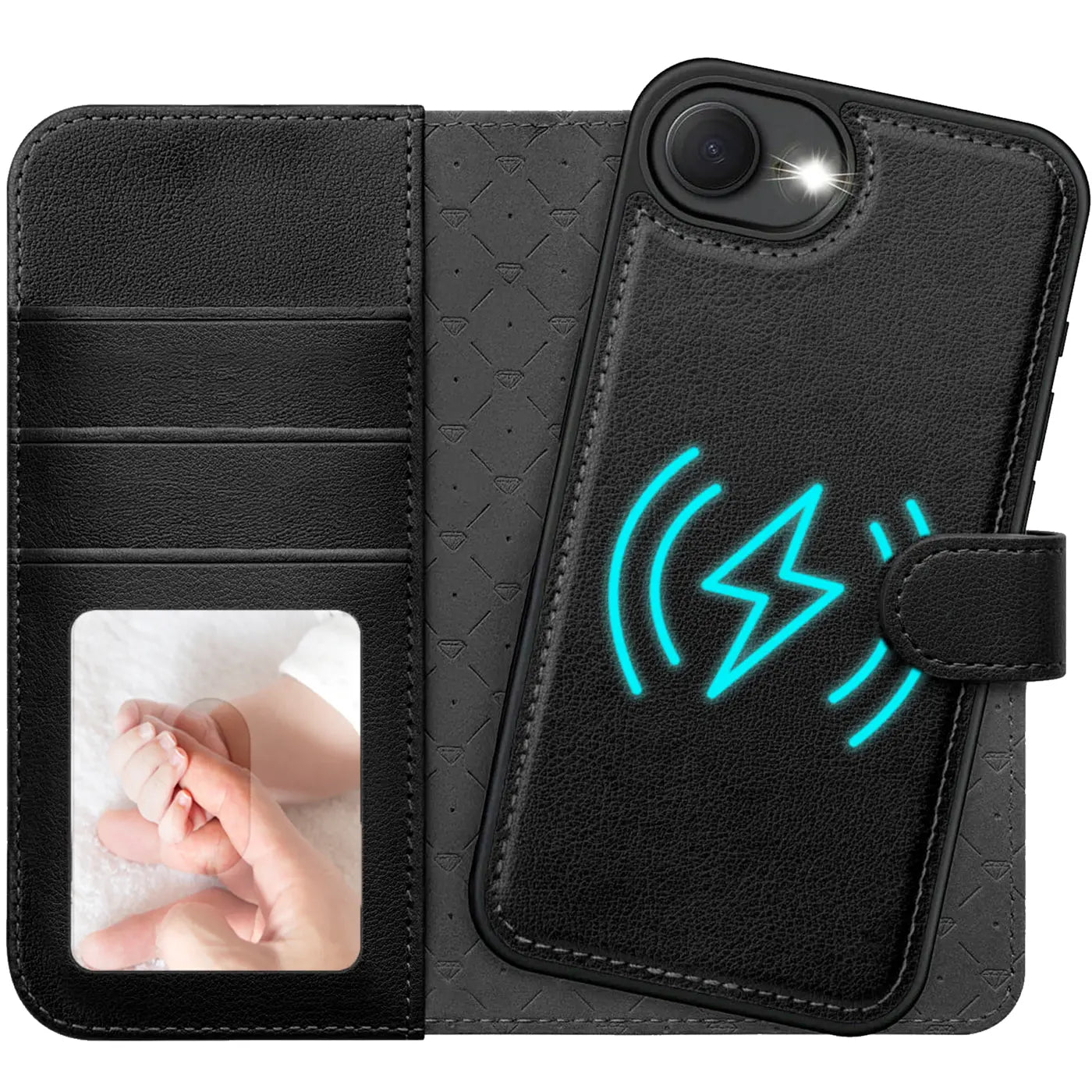 Schwarze Leder-Klapphülle mit Kartenfach und MagSafe-Symbol, zeigt ein Babyfoto.