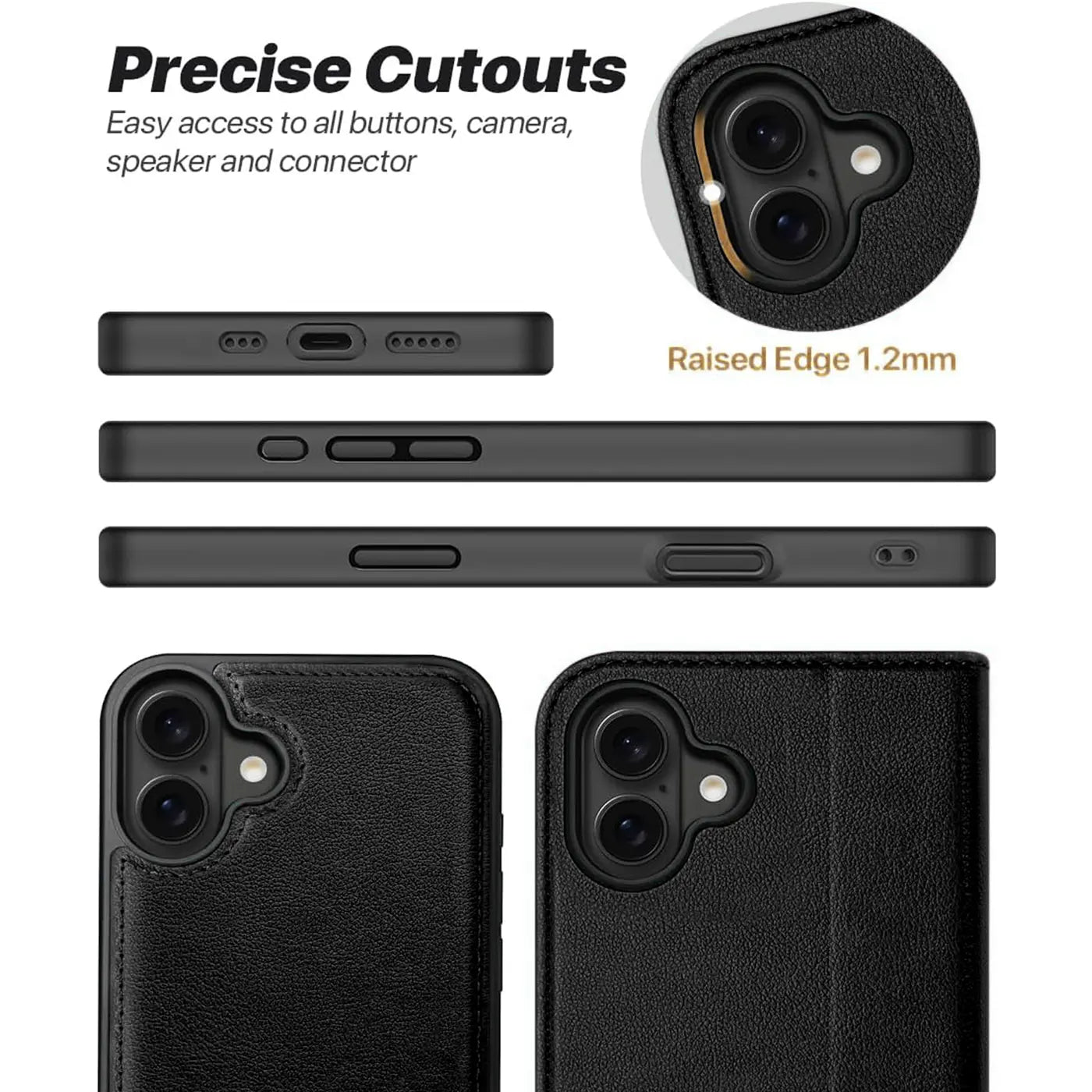 Schwarze Leder-Klapphülle mit Kartenfach, zeigt iPhone 16e-Kameraausschnitt und Seitenansichten.