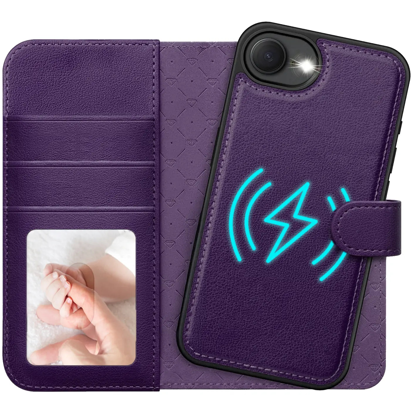 Lila Kunstleder-Klapphülle mit Kartenfächern und MagSafe-Symbol auf einem iPhone 16e.