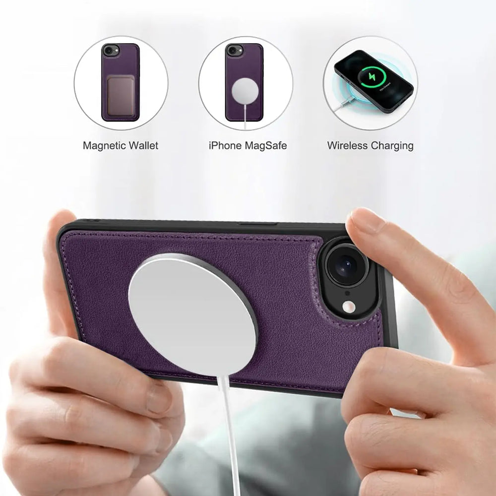 Magnetische 2-in-1 Klapphülle für iPhone 16e in Violett mit herausnehmbarer Hülle und Kartenfächern