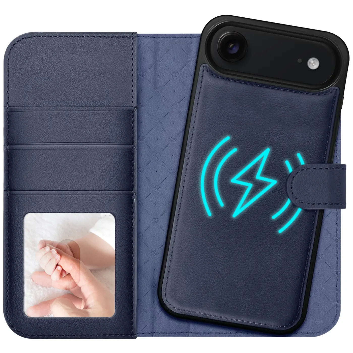 Dunkelblaue Leder-Klapphülle mit Kartenfächern und MagSafe-Symbol auf einem iPhone.