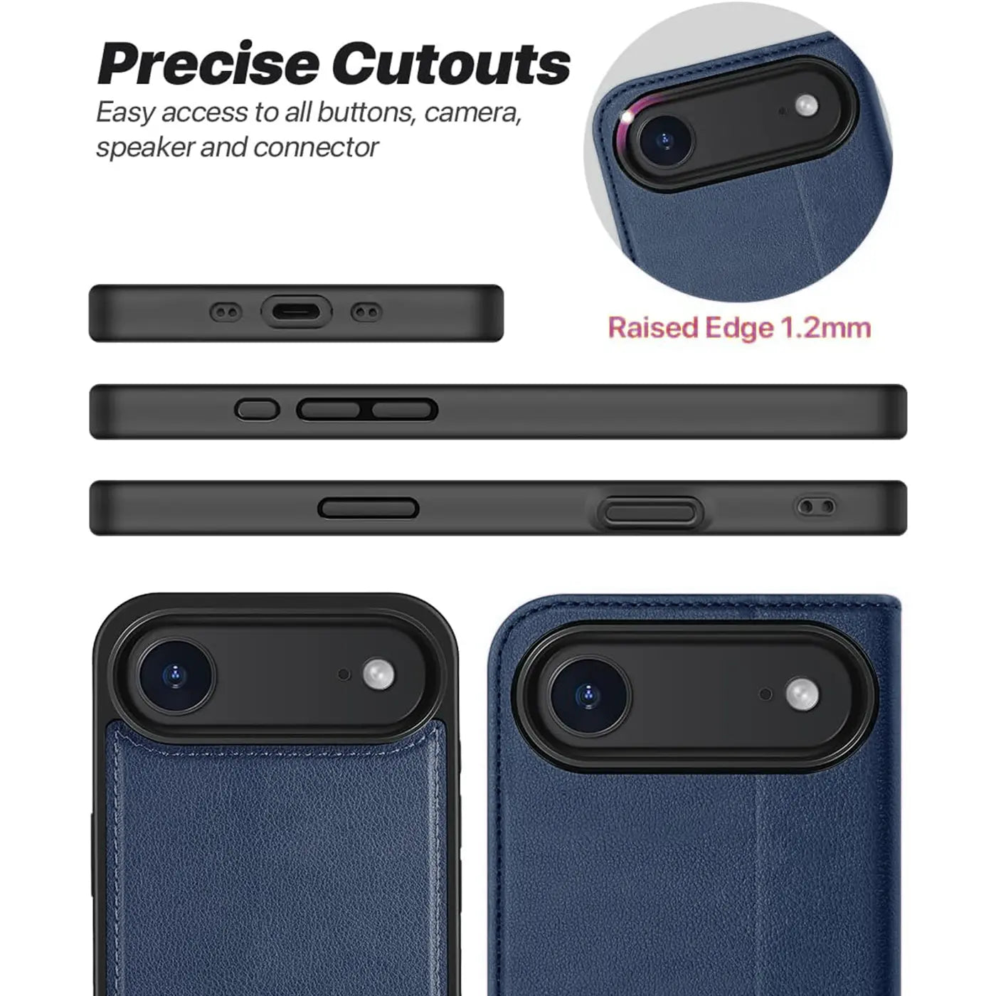 Dunkelblaue Lederhülle für iPhone 17 Air, Ansichten von unten, Seite, Rückseite mit Kamera.