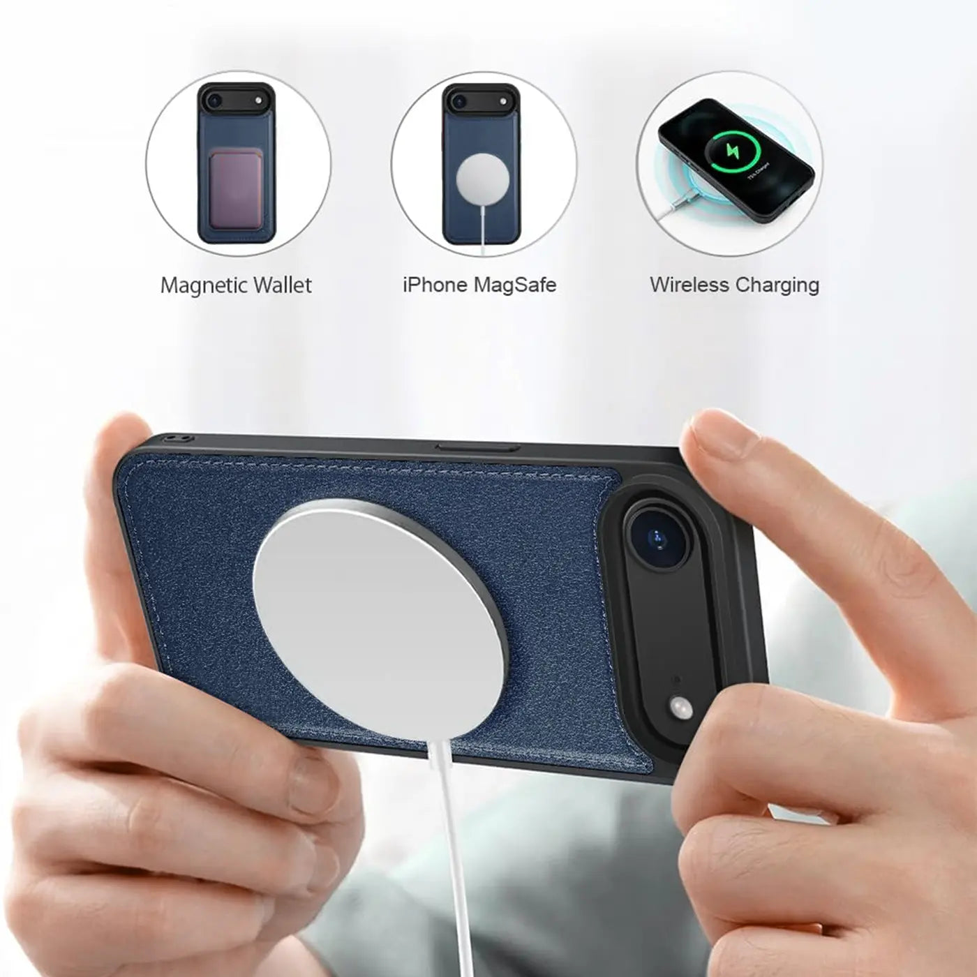 Blaue Stoffhülle mit MagSafe-Ladegerät an iPhone, von hinten gesehen.