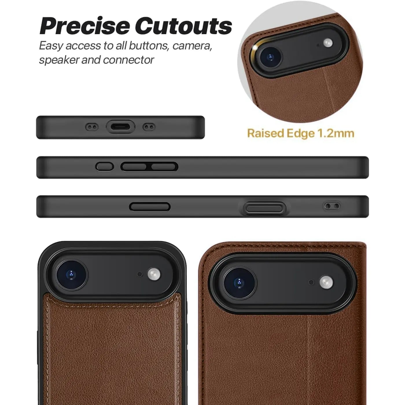 Braune Leder-Klapphülle für iPhone, Seitenansichten, Nahaufnahme Kamera