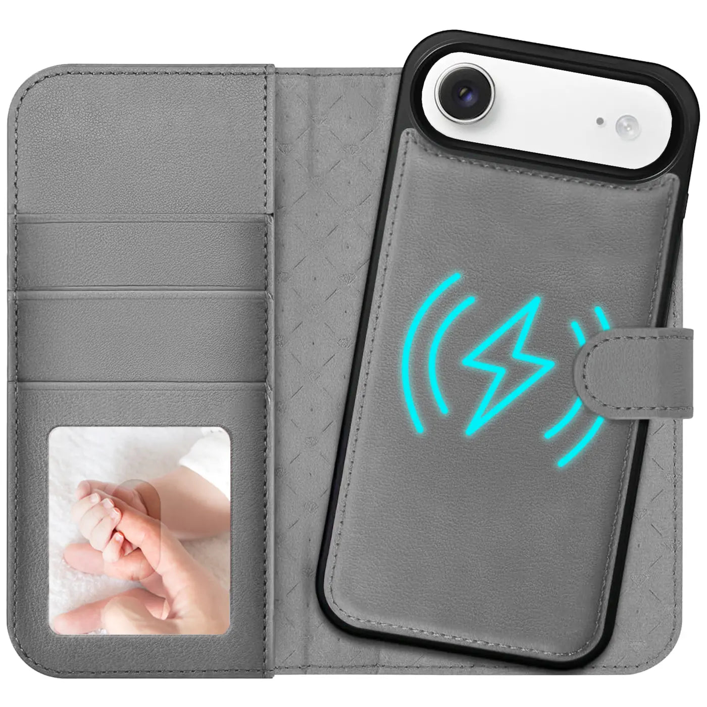 Graue Kunstleder-Klapphülle mit Kartenfach, MagSafe-Symbol, iPhone 17 Air.