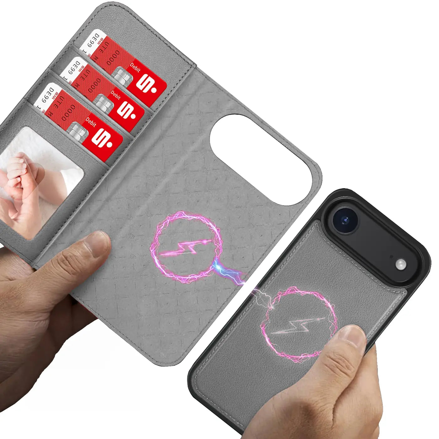Graue Kunstleder-Klapphülle mit Kartenfach und MagSafe-Symbol, daneben ein Smartphone.