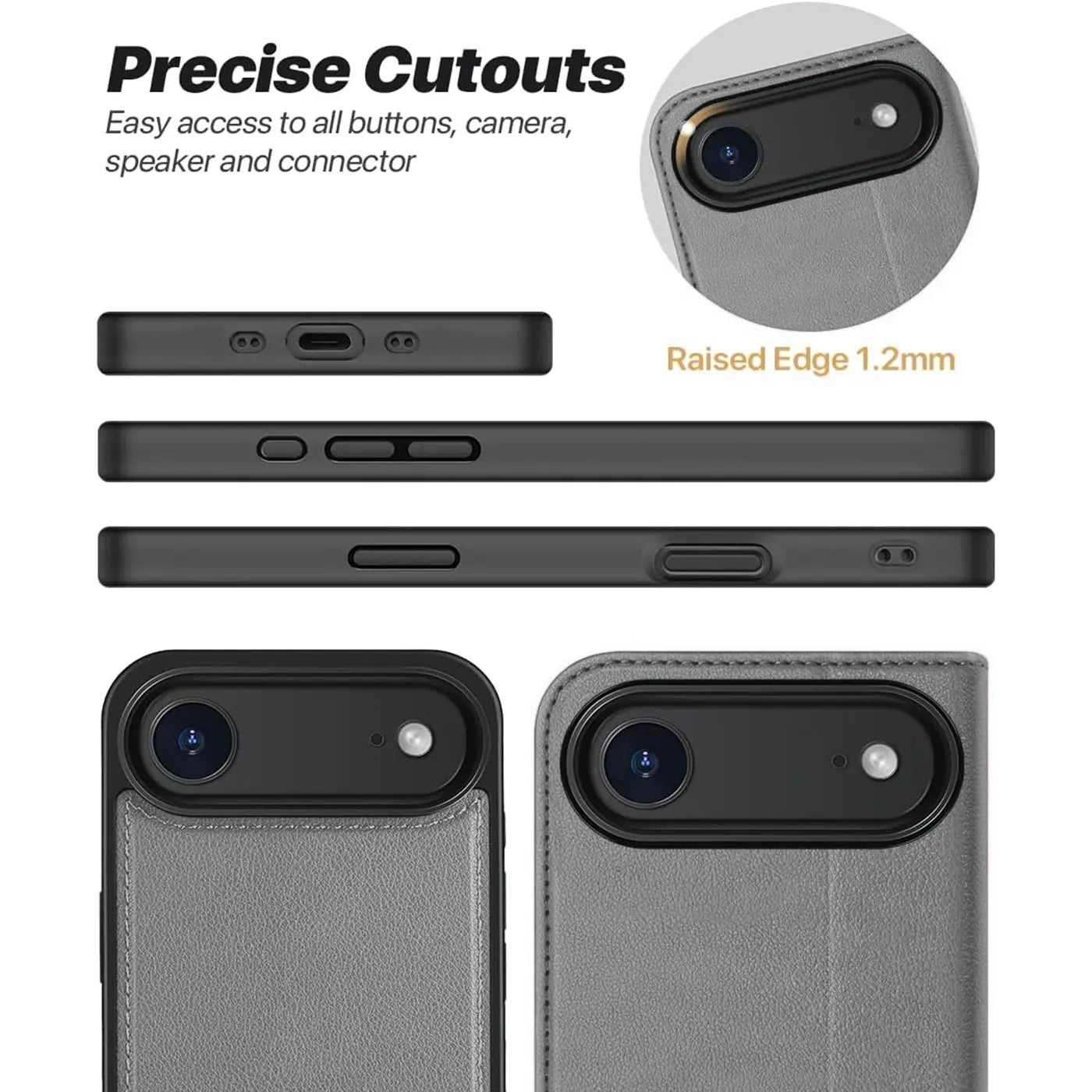 Graue Leder-Klapphülle mit Kartenfach, Nahaufnahme der Rückseite eines Smartphones mit Kamera.