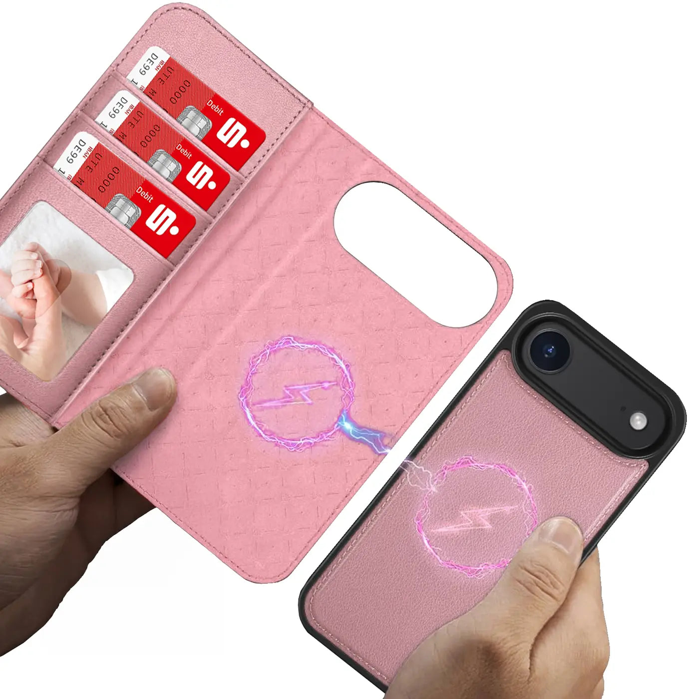 Rosa Leder-Klapphülle mit Kartenfach und MagSafe-Symbol, iPhone 17 Air.