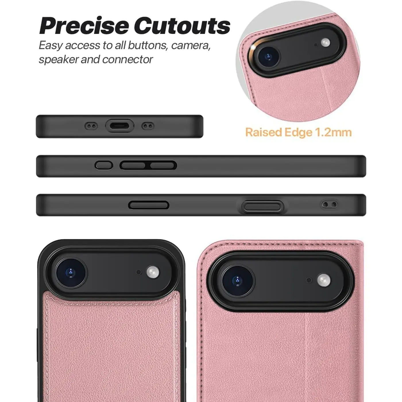 Rosa Lederhülle für iPhone 17 Air, Nahaufnahme Rückseite und Seitenansicht.