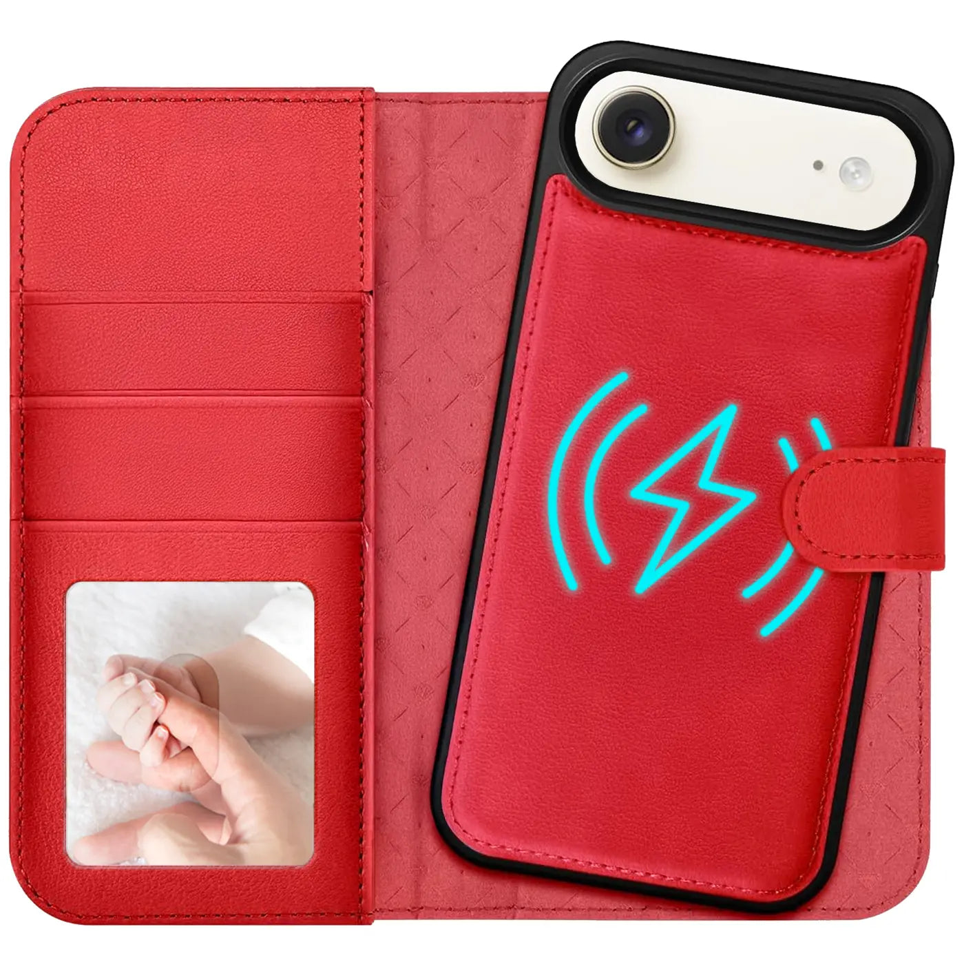 Rote Leder-Klapphülle mit Kartenfach, MagSafe-Symbol, iPhone 17 Air.