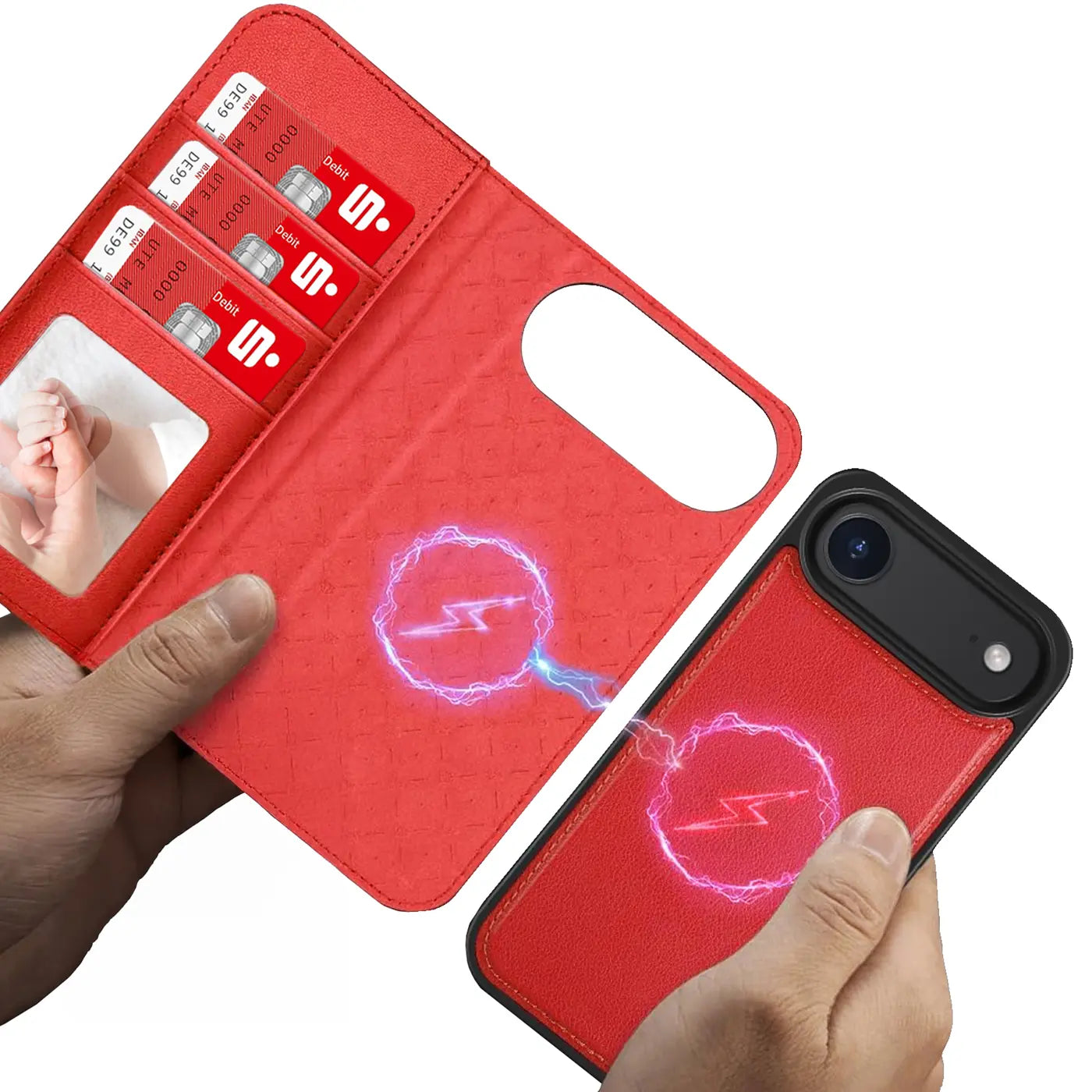 Rote Leder-Klapphülle mit Kartenfach und iPhone. Von oben.