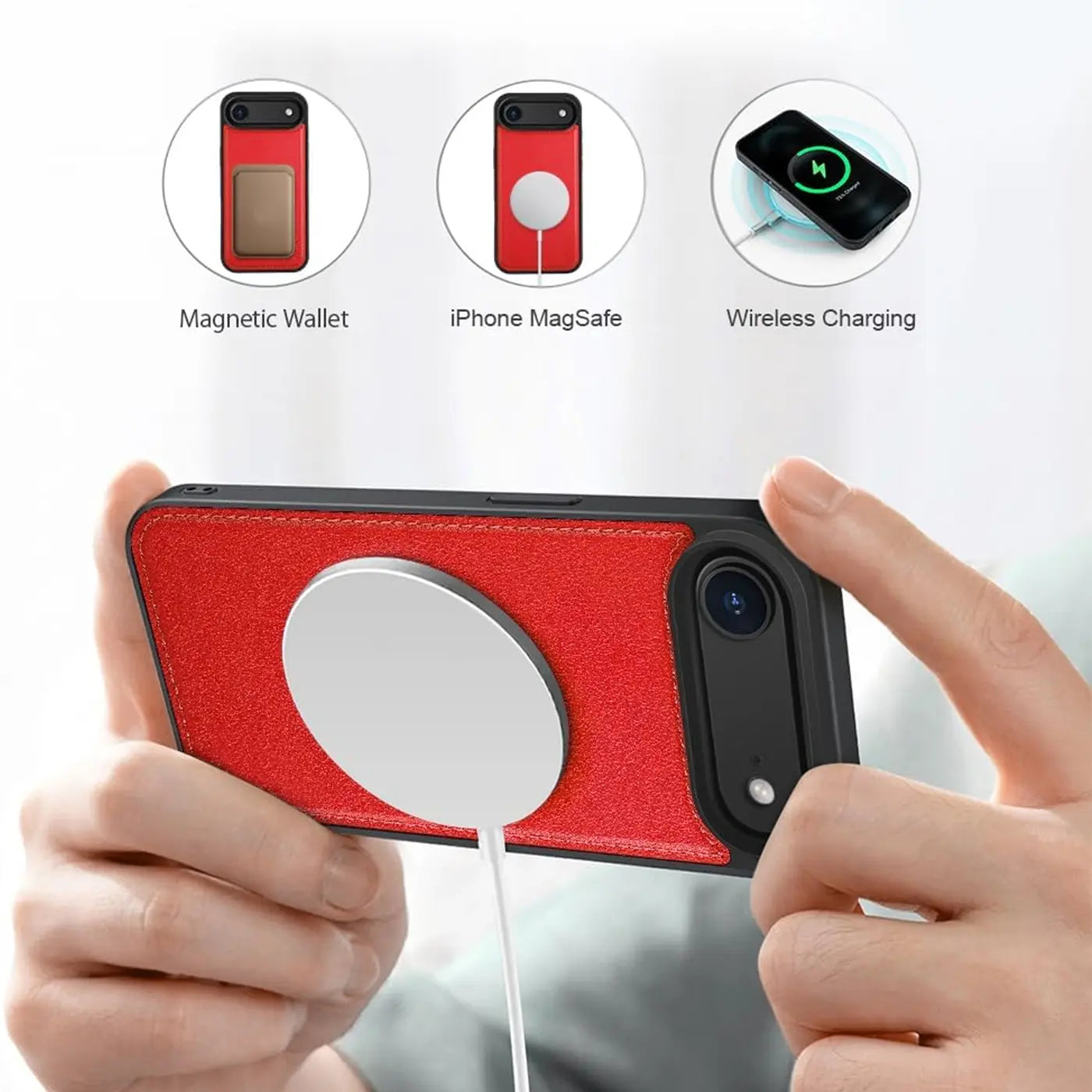 Rote Hülle mit MagSafe-Ladegerät an iPhone, von hinten gesehen.