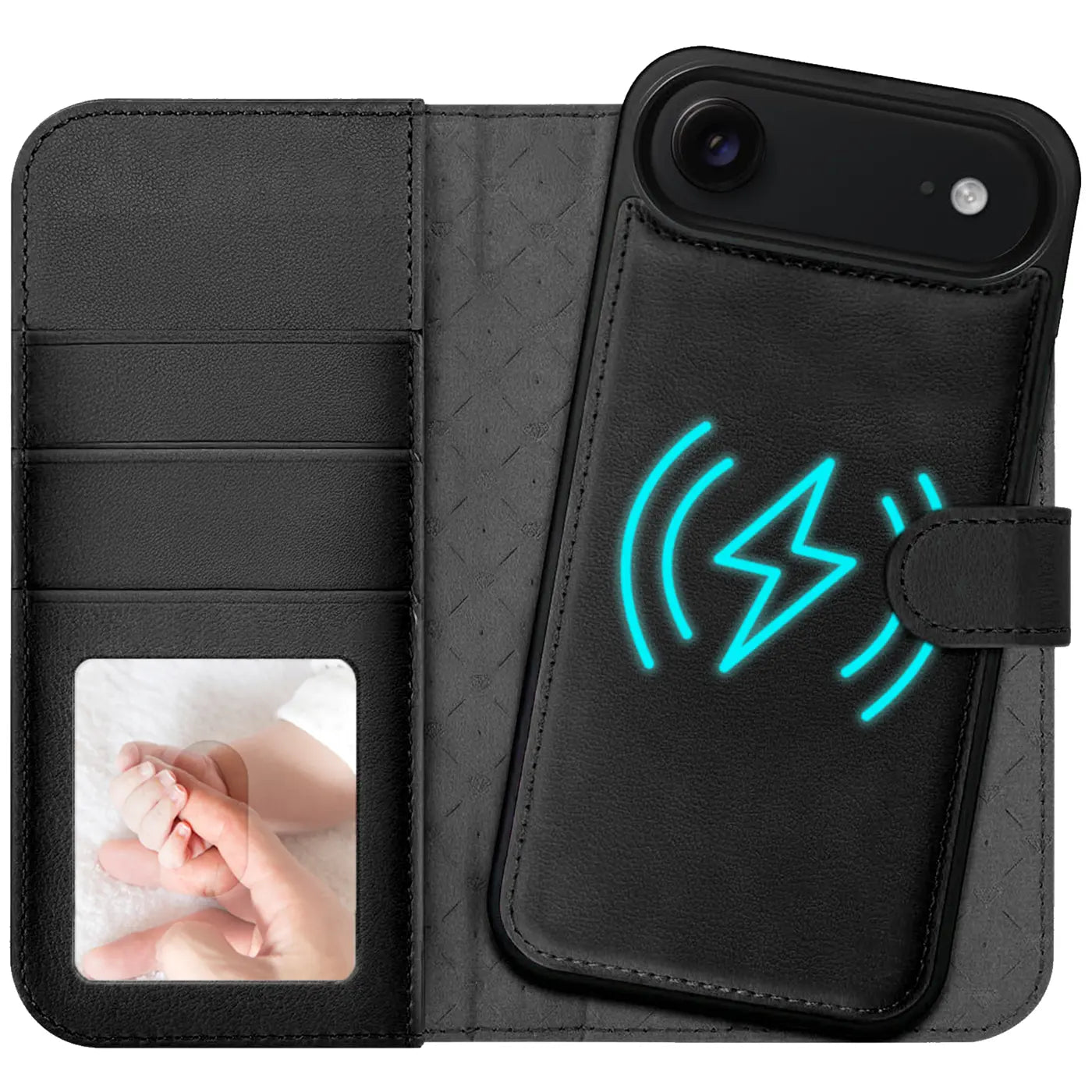 Schwarze Leder-Klapphülle mit Kartenfach, MagSafe-Symbol auf iPhone-Rückseite, von oben betrachtet.