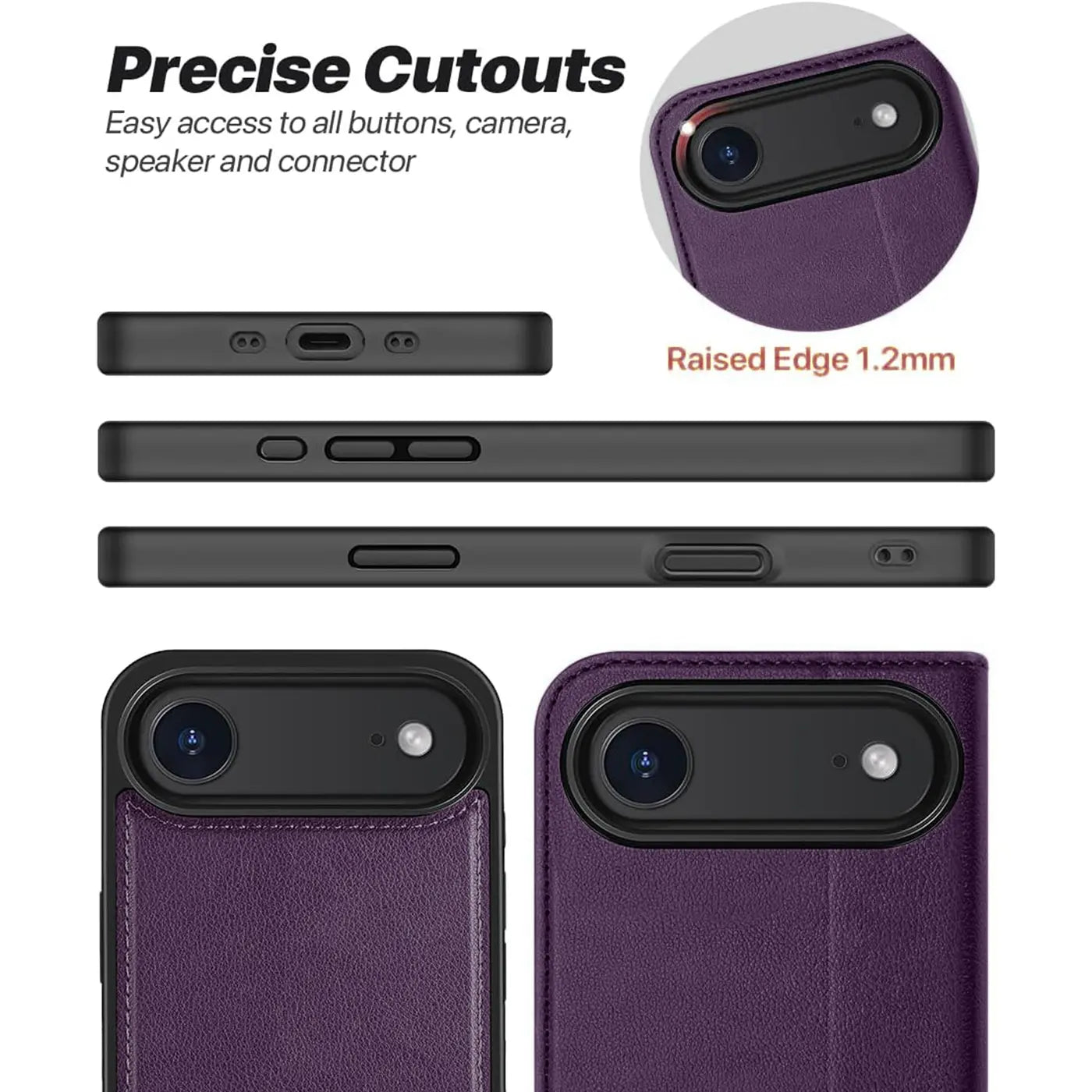Lila Leder-Klapphülle, verschiedene Ansichten, mit Kameraausschnitt für iPhone.