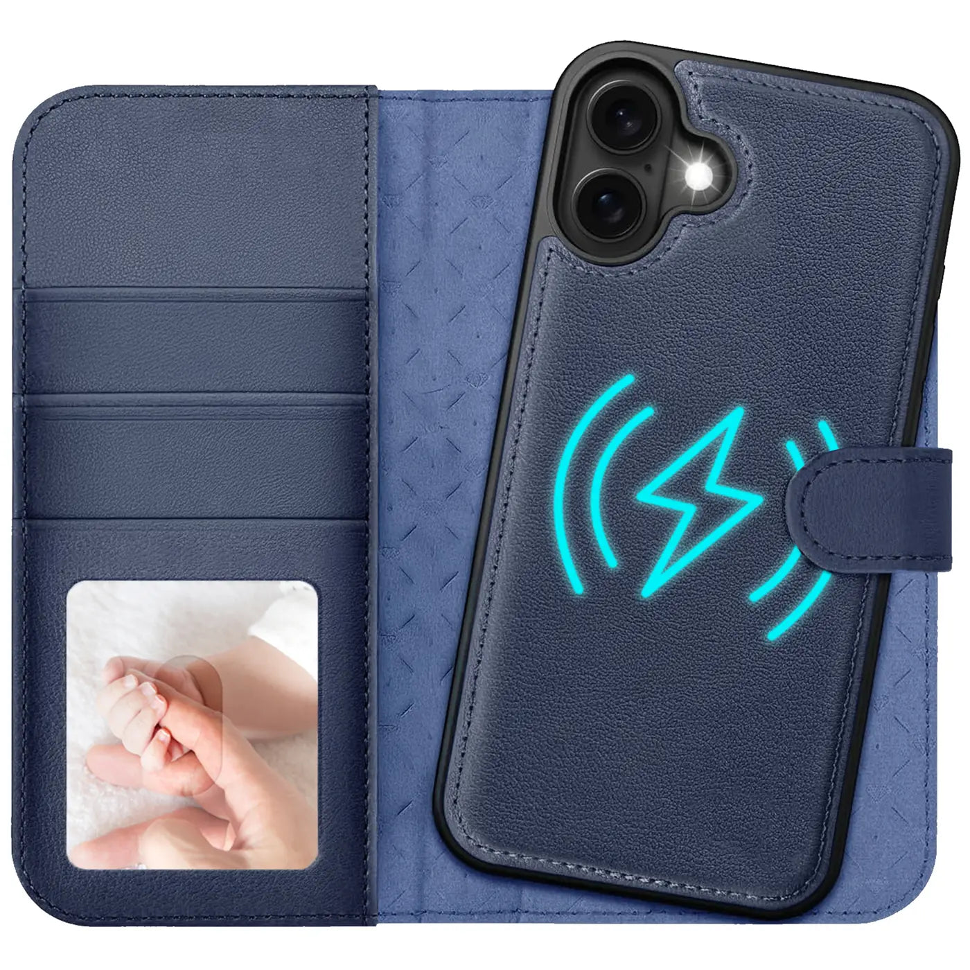 Blaue Leder-Klapphülle mit Kartenfach und Babyfoto, zeigt iPhone mit Ladesymbol.