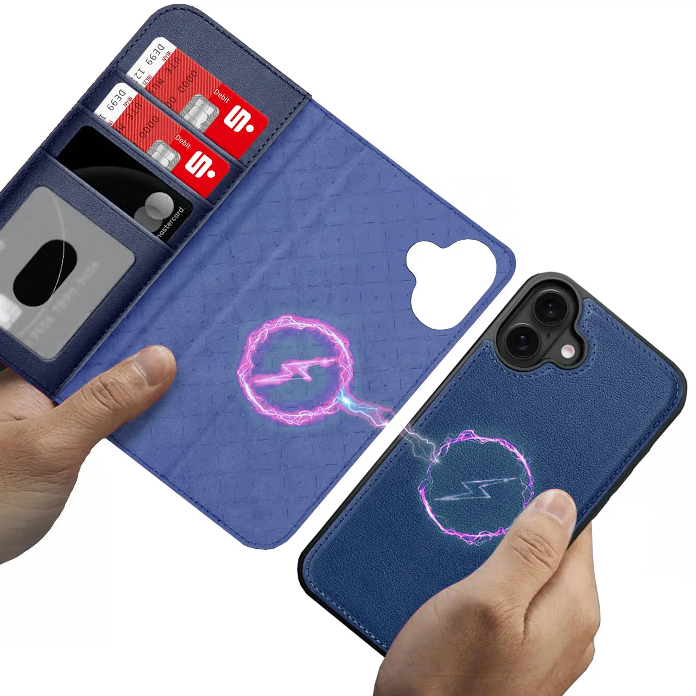 Blaue Kunstleder-Klapphülle mit Kartenfächern und MagSafe-Symbol, iPhone 17.